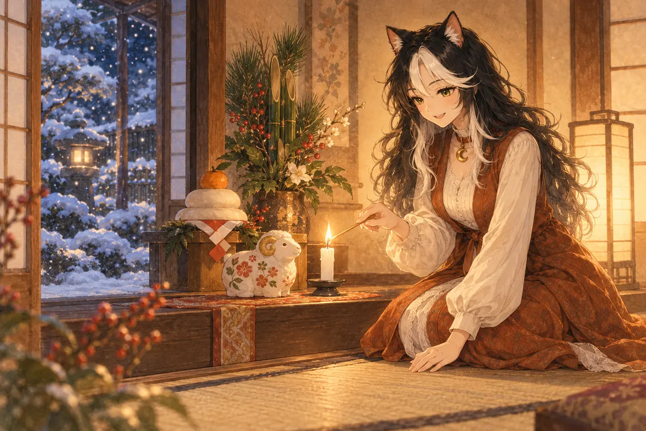 大晦日の床の間で、羊の置物のそばにろうそくを灯す Mae