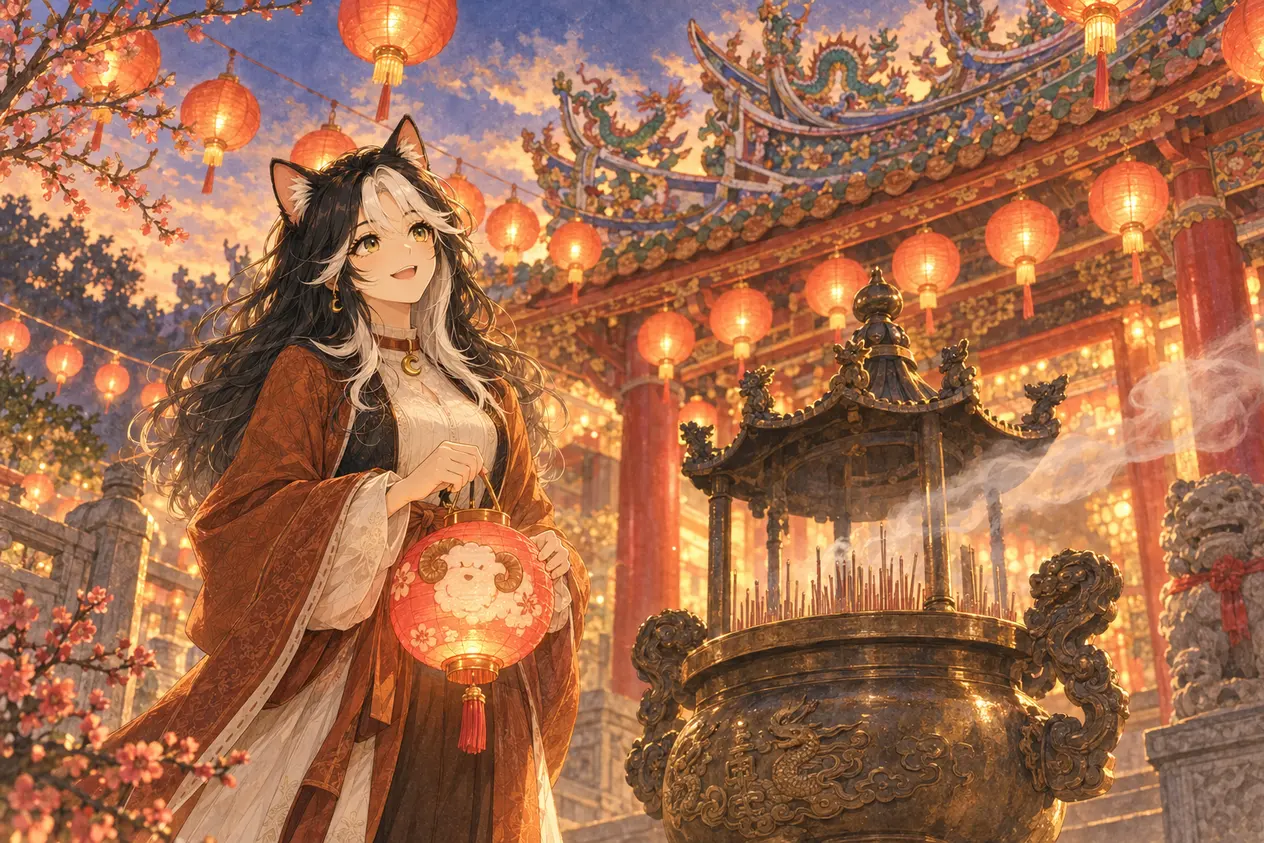 农历新年的庙埕上，Mae 提着一盏小羊灯笼站在香炉旁