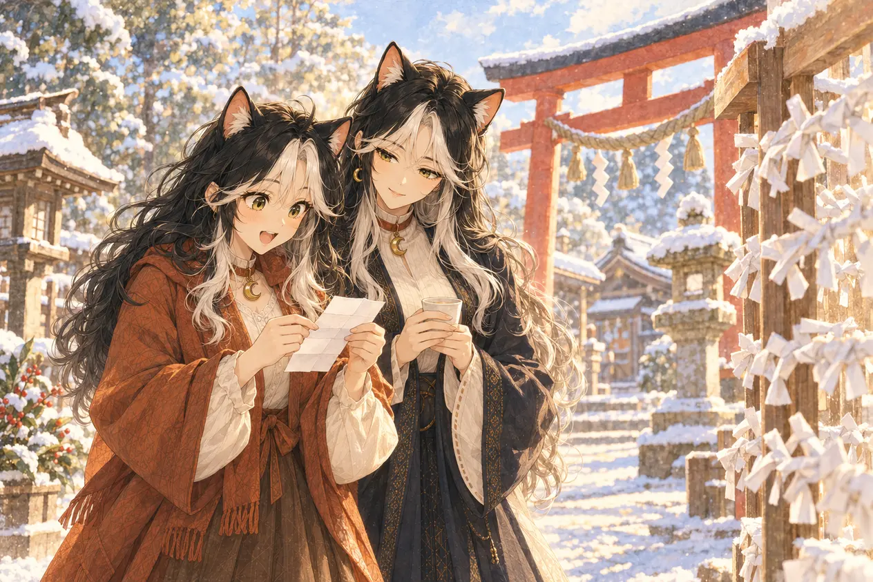 新年の朝の神社で、おみくじを開く Mae と、肩越しにのぞき込む Vera