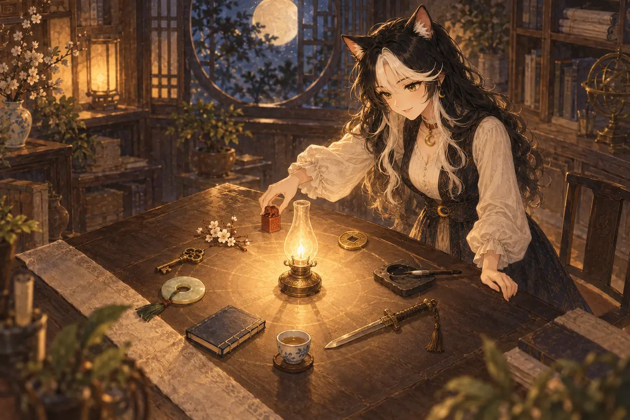 深夜的书房里，Vera 把十件小物围着一盏油灯摆成一圈