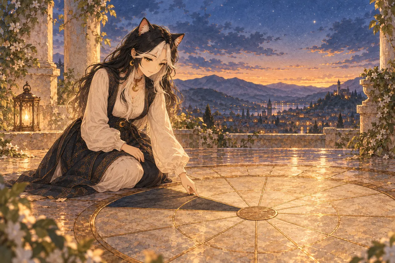 夕暮れの石畳に刻まれた大きな円盤で、影になった二つの区画に触れる Vera