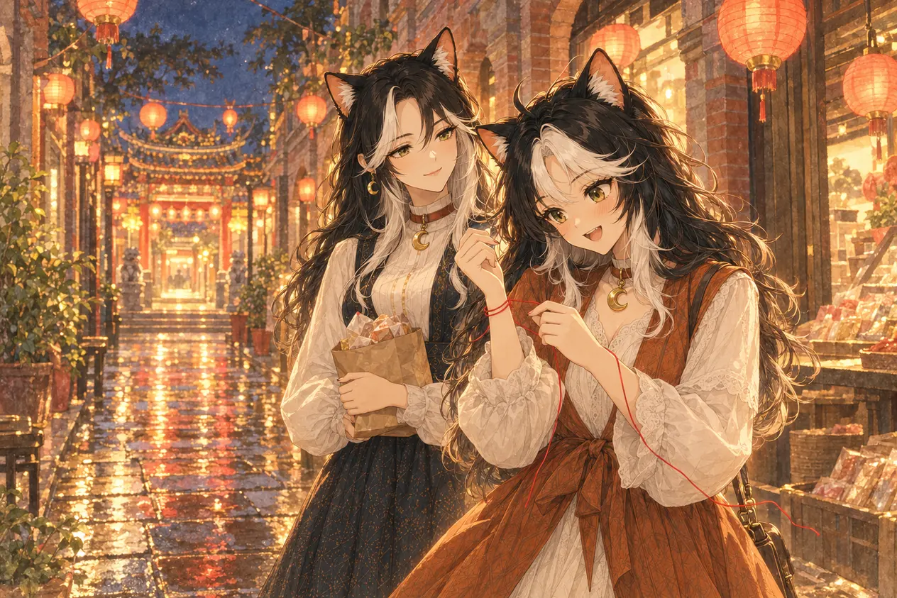 雨後的大稻埕老街,Mae 把紅線繞在手腕上,Vera 提著一袋喜餅