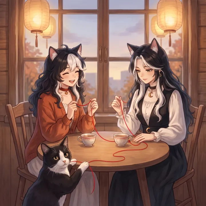 붉은 실로 이어진 두 찻잔 앞의 Mae와 Vera, 실을 건드리는 고양이